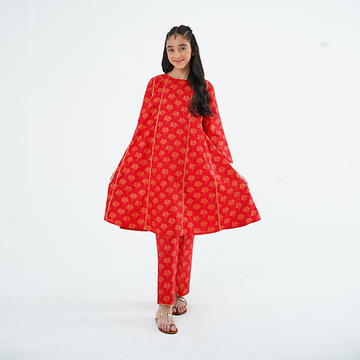 Girls' 'Gulab' Dress – Red Printed Lawn Outfit for Eid, Weddings & Special Events
