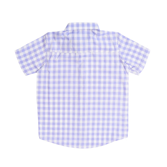 Boys' Checkered Shirt – White & Light Purple, Short Sleeve, Button-Up, 100% Cotton