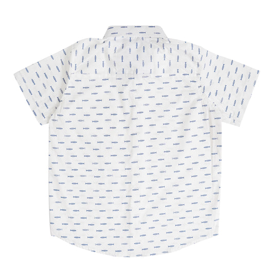 Boys' Printed Cotton Shirt – Fresh White with Fun Design, Short Sleeve, Comfortable & Stylish