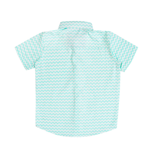 Boys' Printed Cotton Shirt – White & Ferozi, Short Sleeve, Button-Up, Comfortable & Stylish