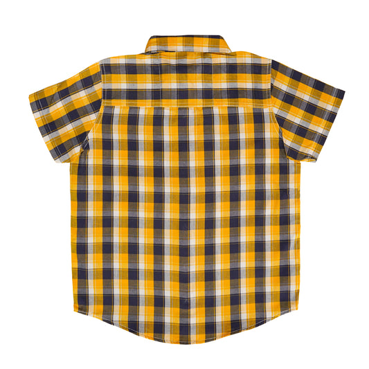 Boys' Yellow & Black Checkered Casual Shirt – 100% Cotton, Short Sleeve, Button-Up
