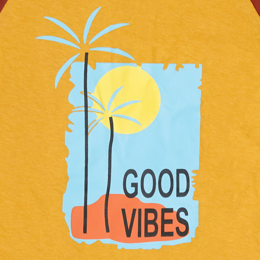 Good Vibes Raglan T-Shirt – Mustard Cotton Tee for Everyday Comfort