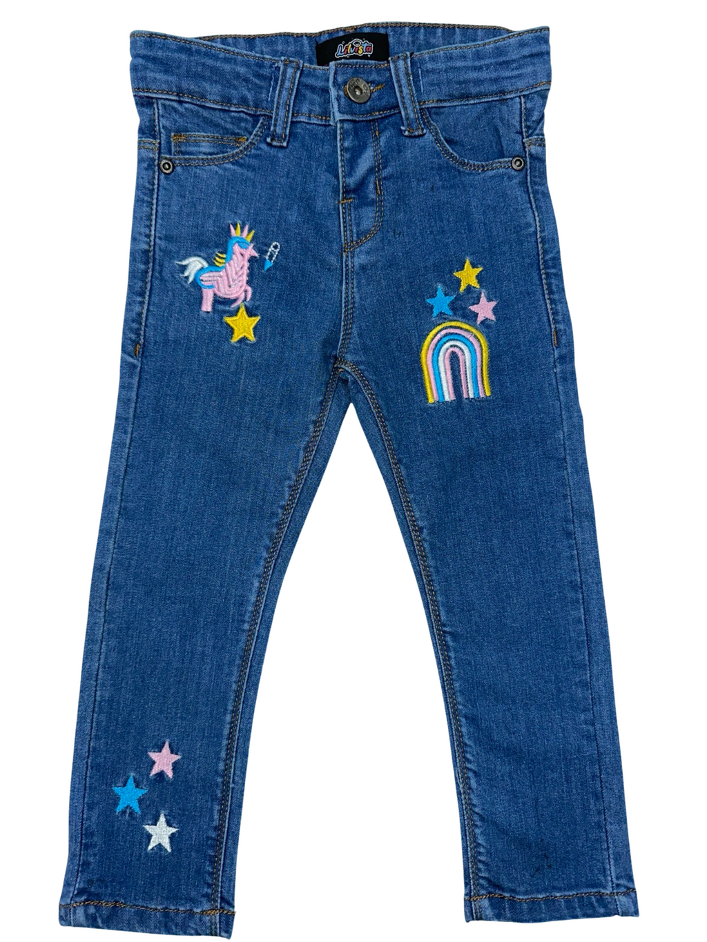 Girls' Mid Wash Blue Embroidered Power Stretch Denim Jeans – Trendy & Comfortable