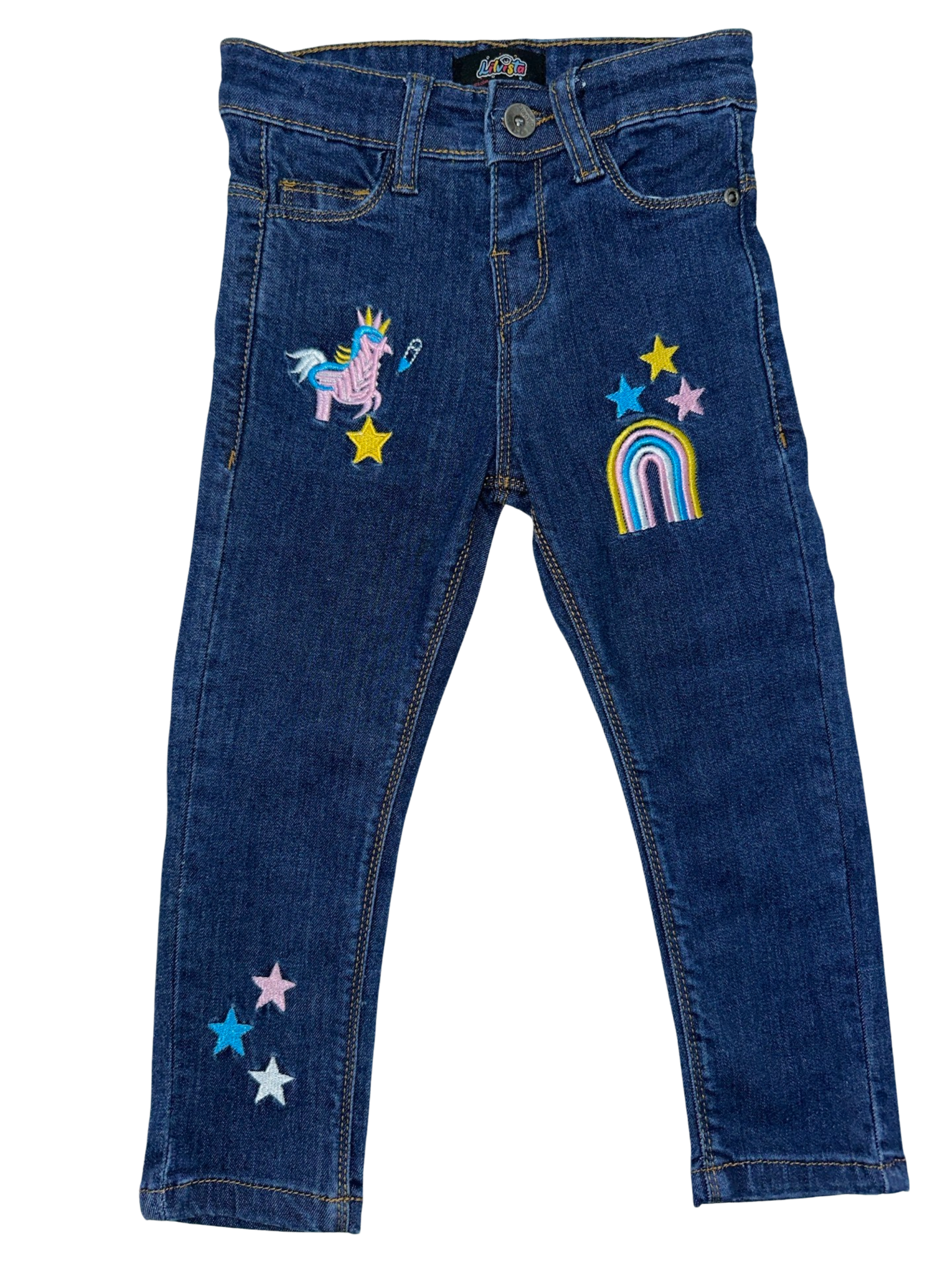 Girls' Dark Wash Blue Embroidered Power Stretch Denim Jeans – Stylish & Comfortable