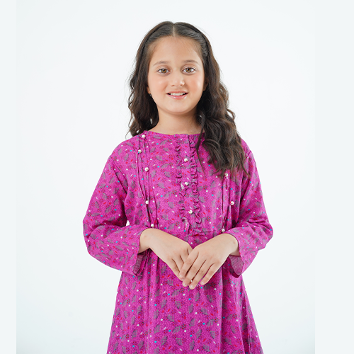 Girls' 'Aizal' Dress – Dark Pink Printed Lawn Outfit for Special Occasions & Casual Wear