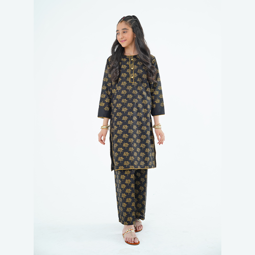 Girls' 'Nargis' Dress – Black Printed Lawn Outfit for Elegant Everyday & Festive Wear