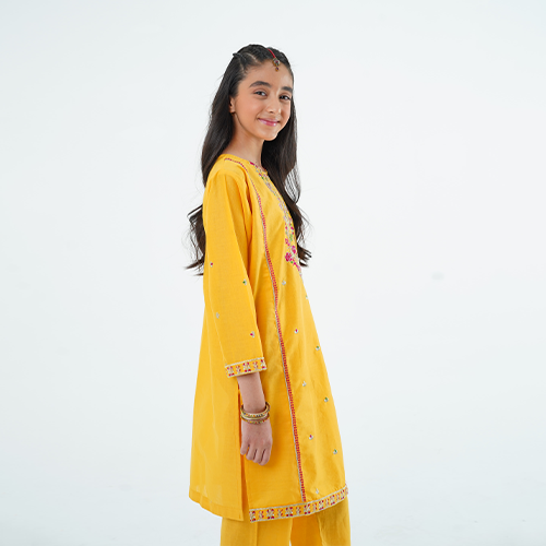 Girls' 'Noori' Dress – Yellow Lawn Outfit for Eid, Weddings & Special Events