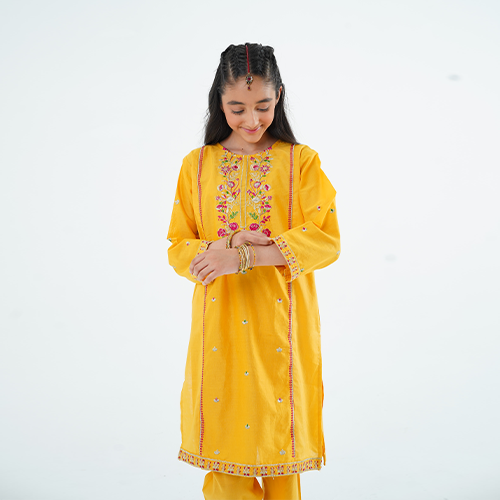 Girls' 'Noori' Dress – Yellow Lawn Outfit for Eid, Weddings & Special Events