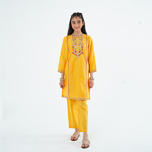 Girls' 'Noori' Dress – Yellow Lawn Outfit for Eid, Weddings & Special Events