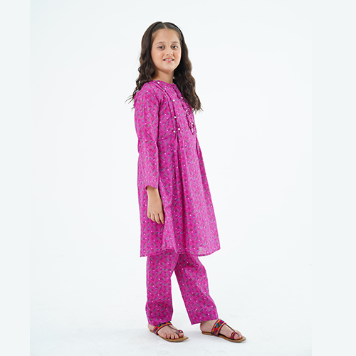 Girls' 'Aizal' Dress – Dark Pink Printed Lawn Outfit for Special Occasions & Casual Wear