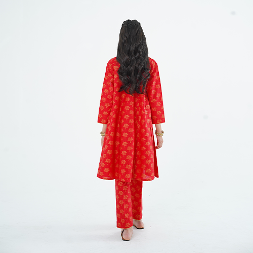 Girls' 'Gulab' Dress – Red Printed Lawn Outfit for Eid, Weddings & Special Events