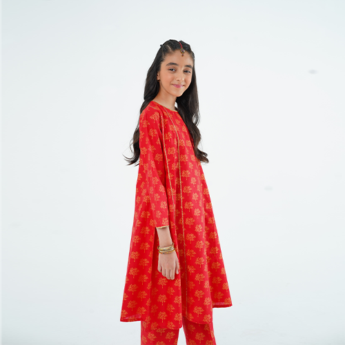 Girls' 'Gulab' Dress – Red Printed Lawn Outfit for Eid, Weddings & Special Events