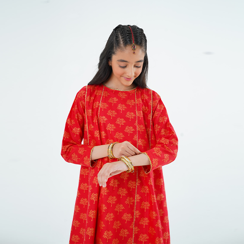Girls' 'Gulab' Dress – Red Printed Lawn Outfit for Eid, Weddings & Special Events