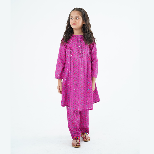 Girls' 'Aizal' Dress – Dark Pink Printed Lawn Outfit for Special Occasions & Casual Wear