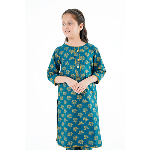 Girls' 'Saba' Dress – Green Printed Lawn Outfit for Festive & Everyday Elegance