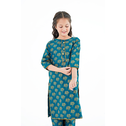 Girls' 'Saba' Dress – Green Printed Lawn Outfit for Festive & Everyday Elegance