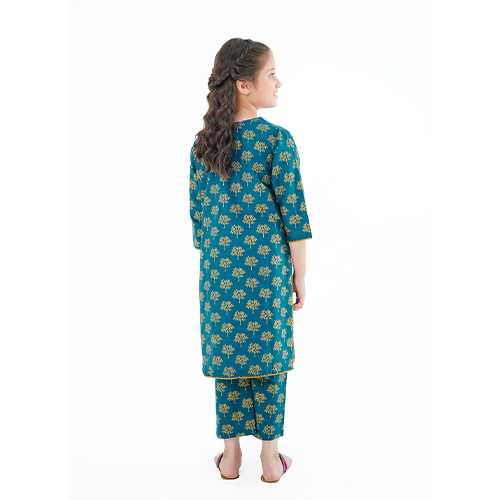 Girls' 'Saba' Dress – Green Printed Lawn Outfit for Festive & Everyday Elegance