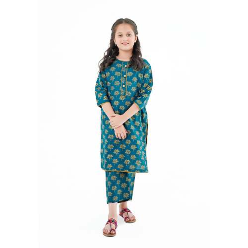Girls' 'Saba' Dress – Green Printed Lawn Outfit for Festive & Everyday Elegance