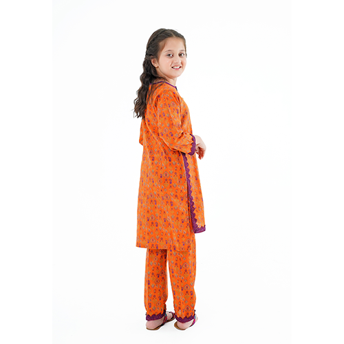 Girls' 'Shafaq' Dress – Copper-Toned Printed Lawn Ensemble for Graceful Everyday Style