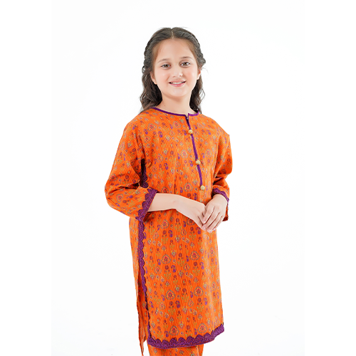 Girls' 'Shafaq' Dress – Copper-Toned Printed Lawn Ensemble for Graceful Everyday Style
