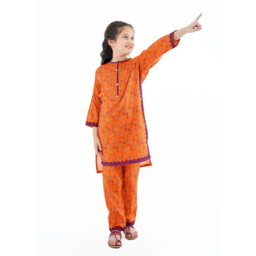 Girls' 'Shafaq' Dress – Copper-Toned Printed Lawn Ensemble for Graceful Everyday Style