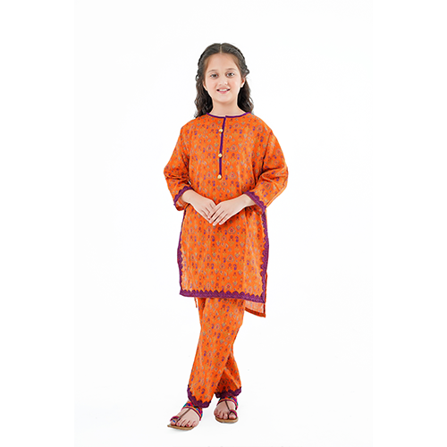 Girls' 'Shafaq' Dress – Copper-Toned Printed Lawn Ensemble for Graceful Everyday Style