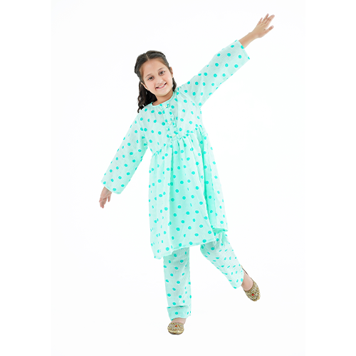 Girls' 'Falak' Dress – Light Green China Cotton Outfit for Eid, Weddings & Special Events