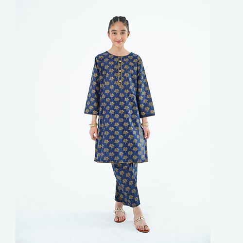 Girls' 'Miral' Dress – Blue Printed Lawn Outfit for Special Occasions & Casual Wear