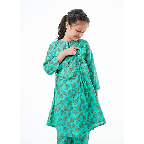 Girls' 'Irha' Dress – Green Printed Lawn Outfit for Eid, Weddings & Special Events