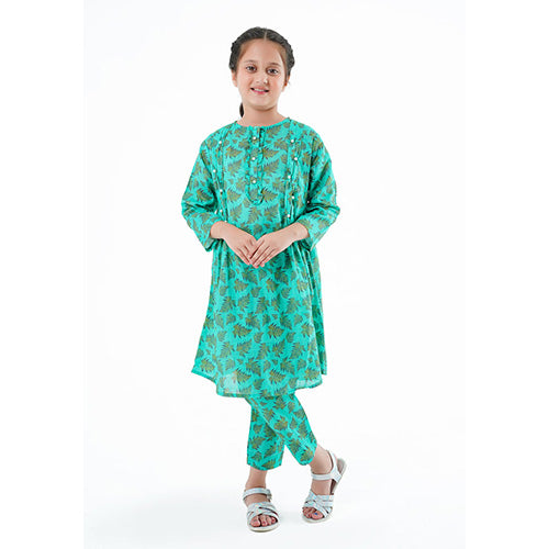 Girls' 'Irha' Dress – Green Printed Lawn Outfit for Eid, Weddings & Special Events