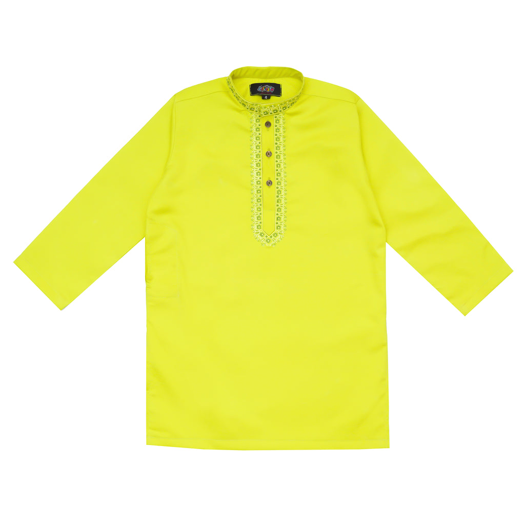 Lemon Embroidered Kurta with White Trousers – 100% Cotton Kids' Traditional Outfit
