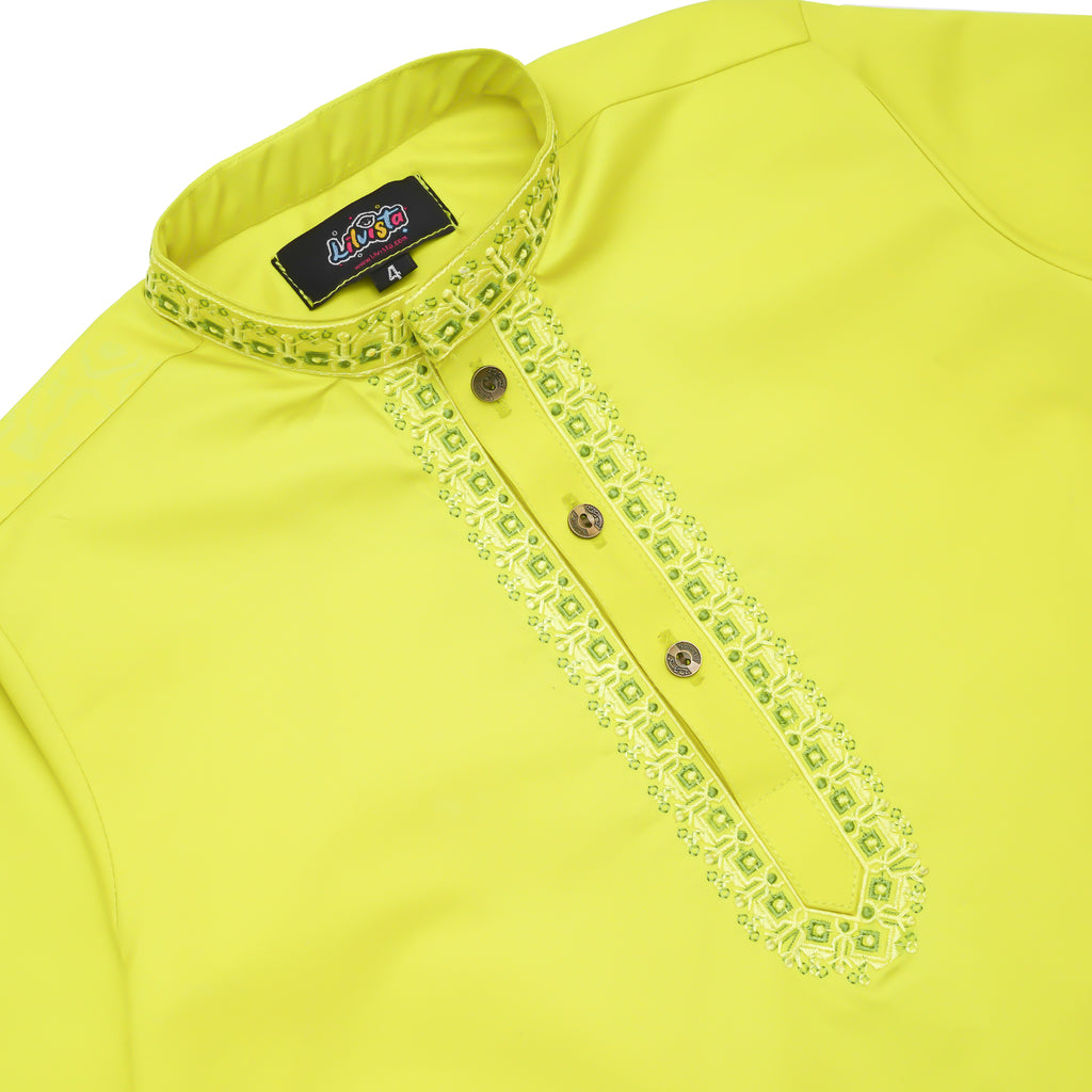 Lemon Embroidered Kurta with White Trousers – 100% Cotton Kids' Traditional Outfit