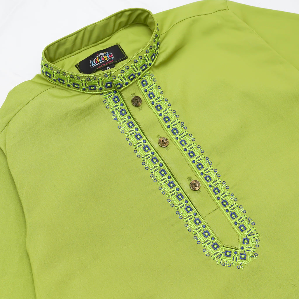 Mehndi Green Embroidered Kurta with White Trousers – 100% Cotton Kids' Traditional Outfit