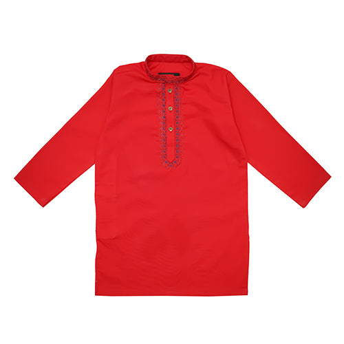 Red Embroidered Kurta with White Trousers – 100% Cotton Kids' Traditional Outfit