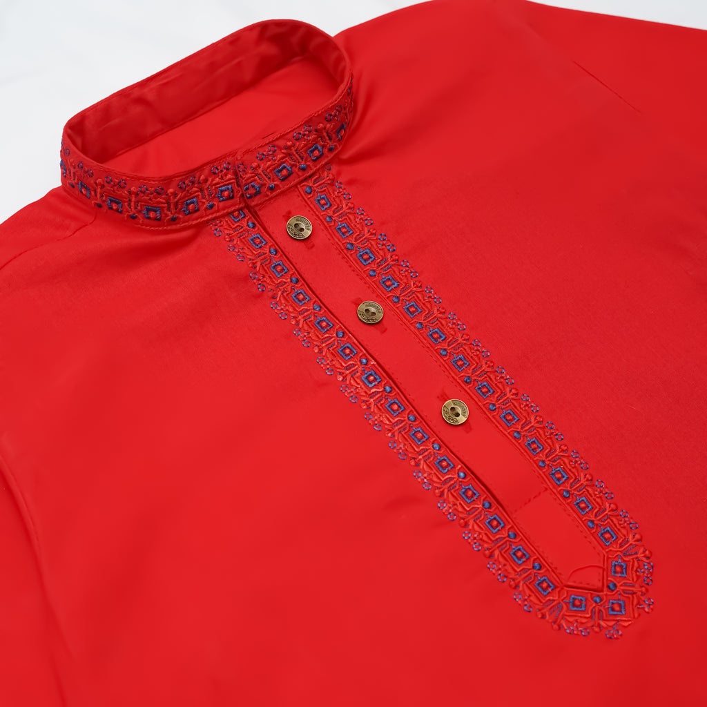 Red Embroidered Kurta with White Trousers – 100% Cotton Kids' Traditional Outfit