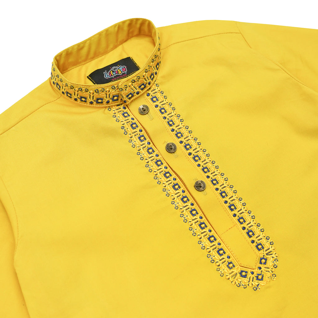 Yellow Embroidered Kurta with White Trousers – 100% Cotton Kids' Traditional Outfit