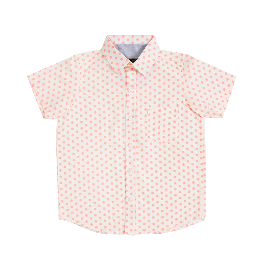 Boys' Printed Cotton Shirt – White & Peach, Short Sleeve, Button-Up, Stylish & Comfortable