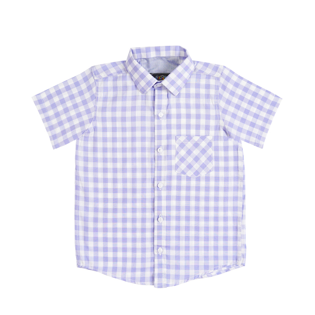 Boys' Checkered Shirt – White & Light Purple, Short Sleeve, Button-Up, 100% Cotton