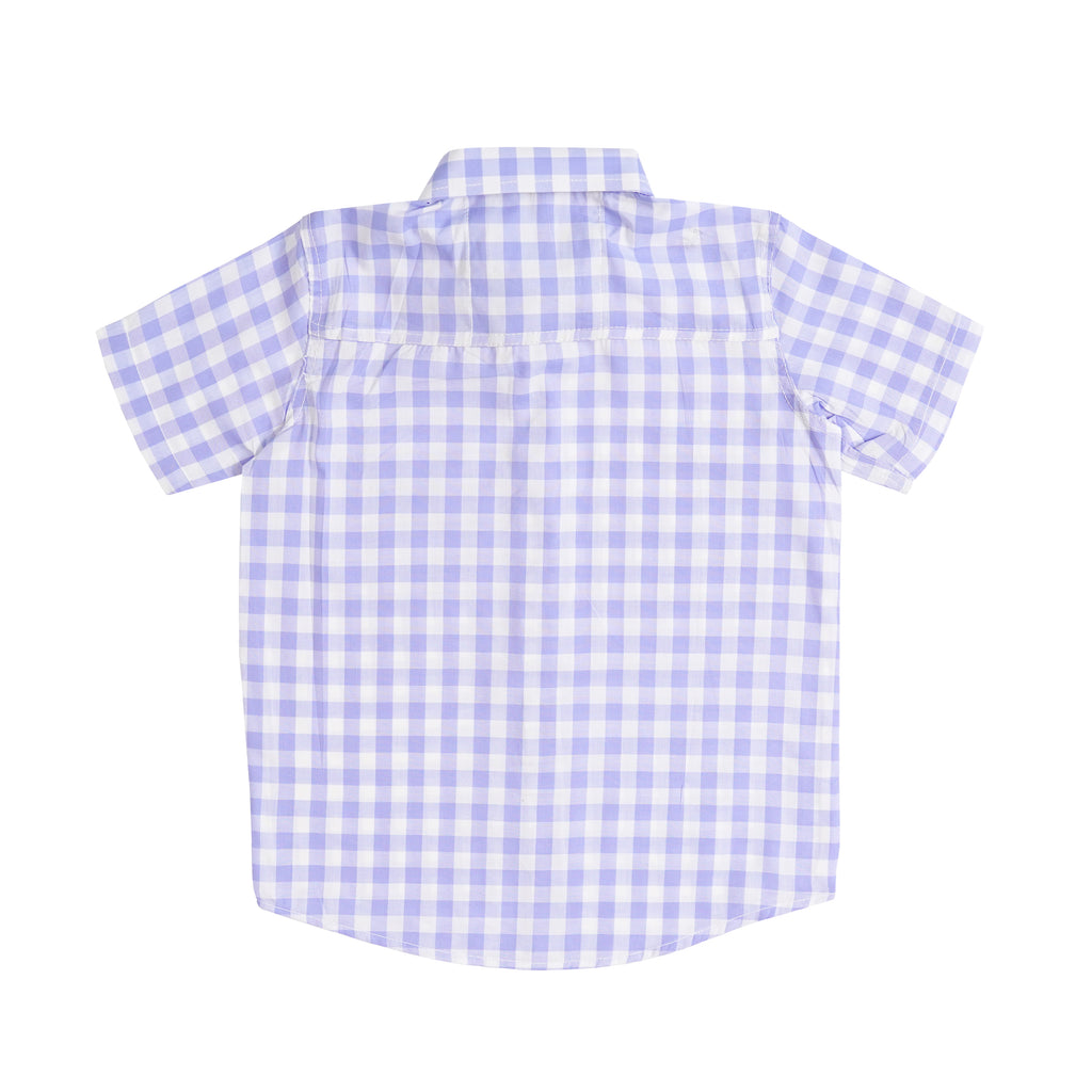 Boys' Checkered Shirt – White & Light Purple, Short Sleeve, Button-Up, 100% Cotton