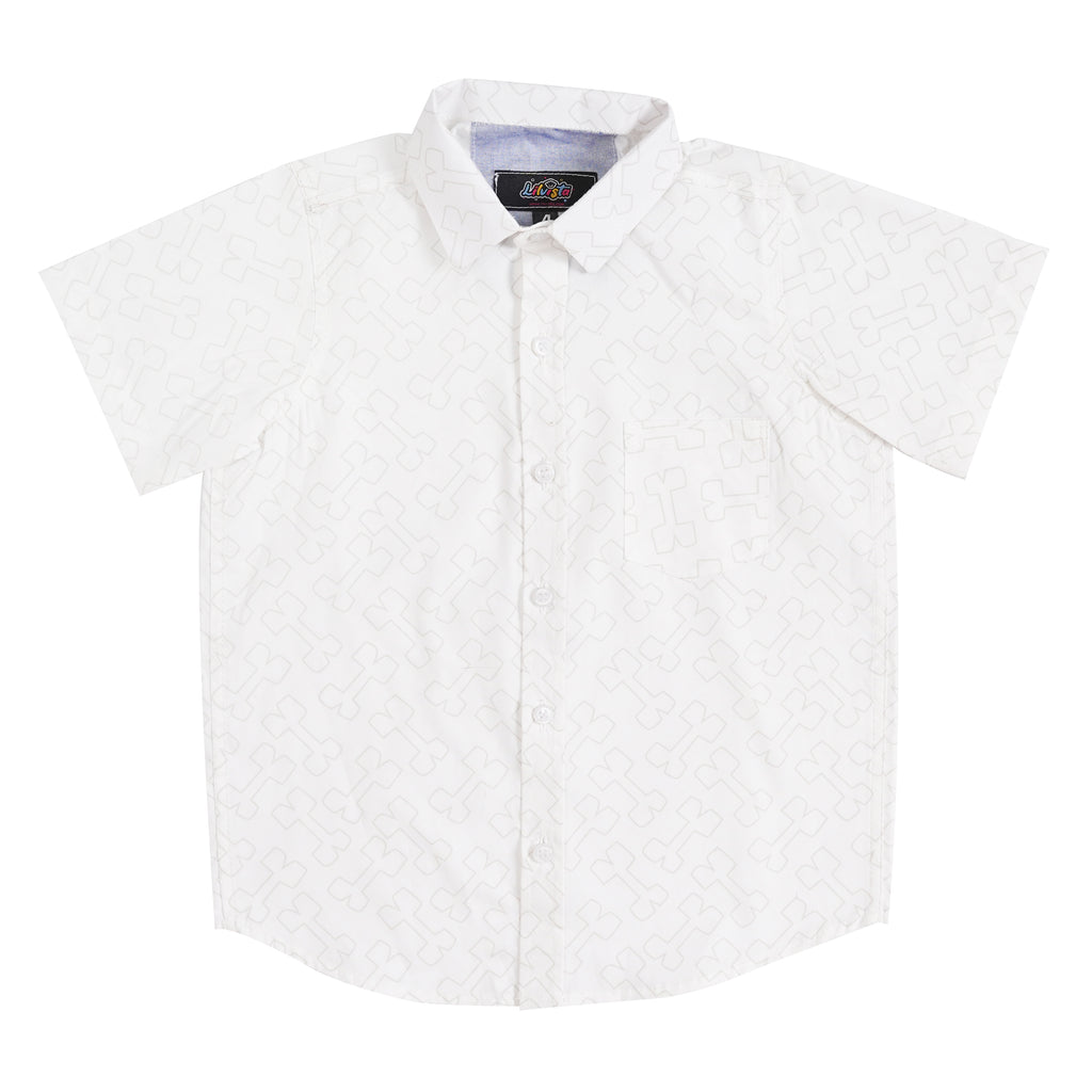 Boys' Printed Cotton Shirt – White Base with Trendy Pattern, Short Sleeve, Casual & Stylish