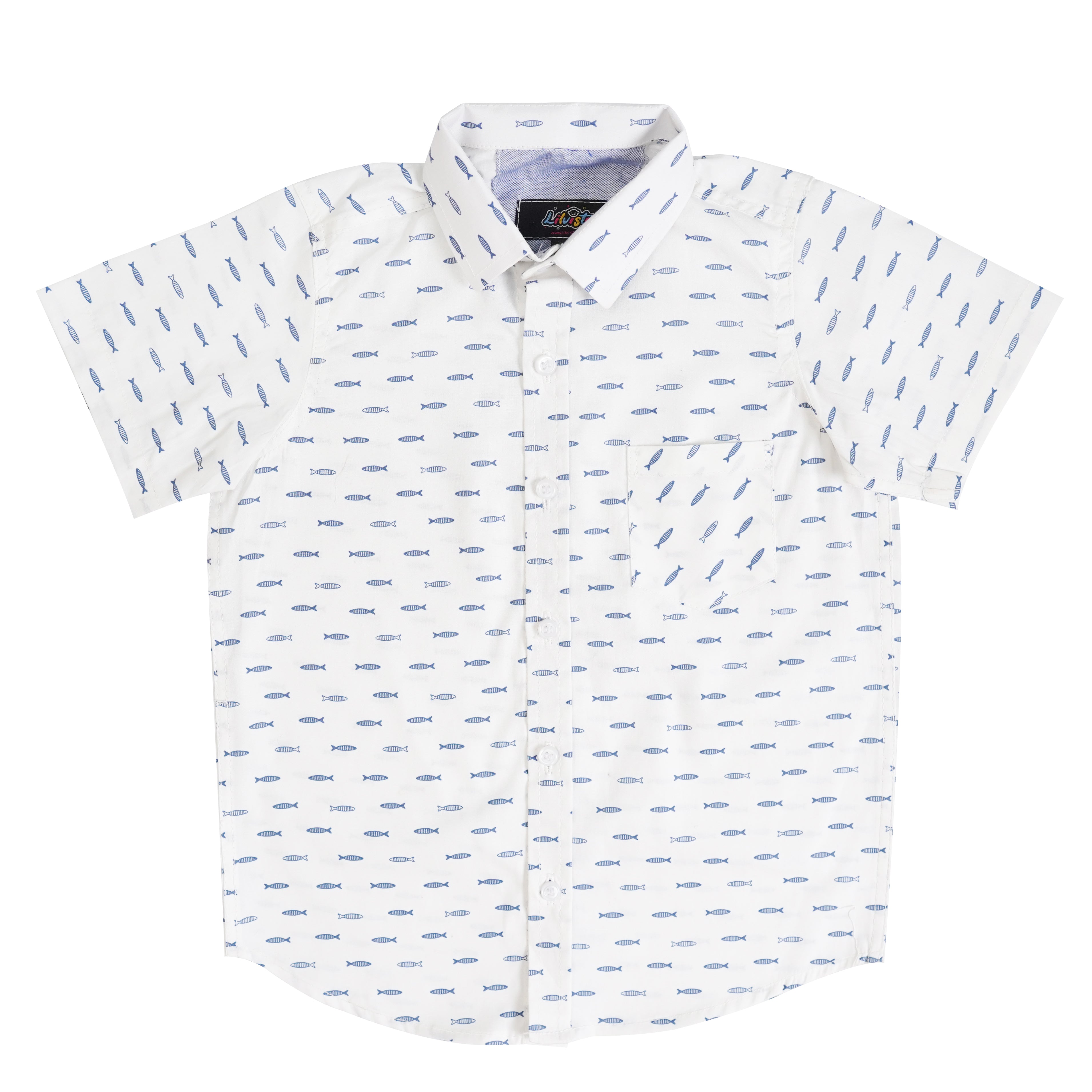 Boys' Printed Cotton Shirt – Fresh White with Fun Design, Short Sleeve, Comfortable & Stylish