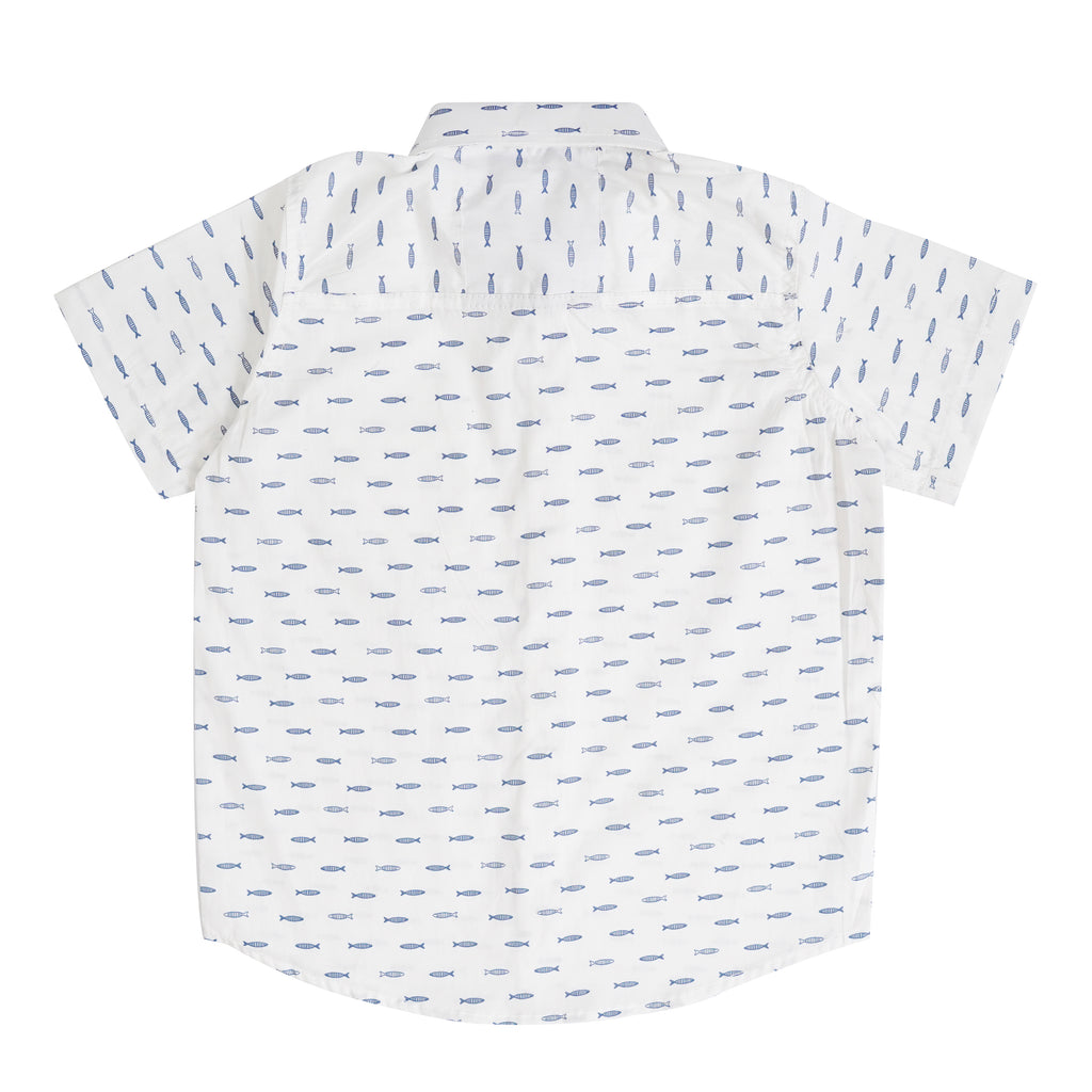Boys' Printed Cotton Shirt – Fresh White with Fun Design, Short Sleeve, Comfortable & Stylish