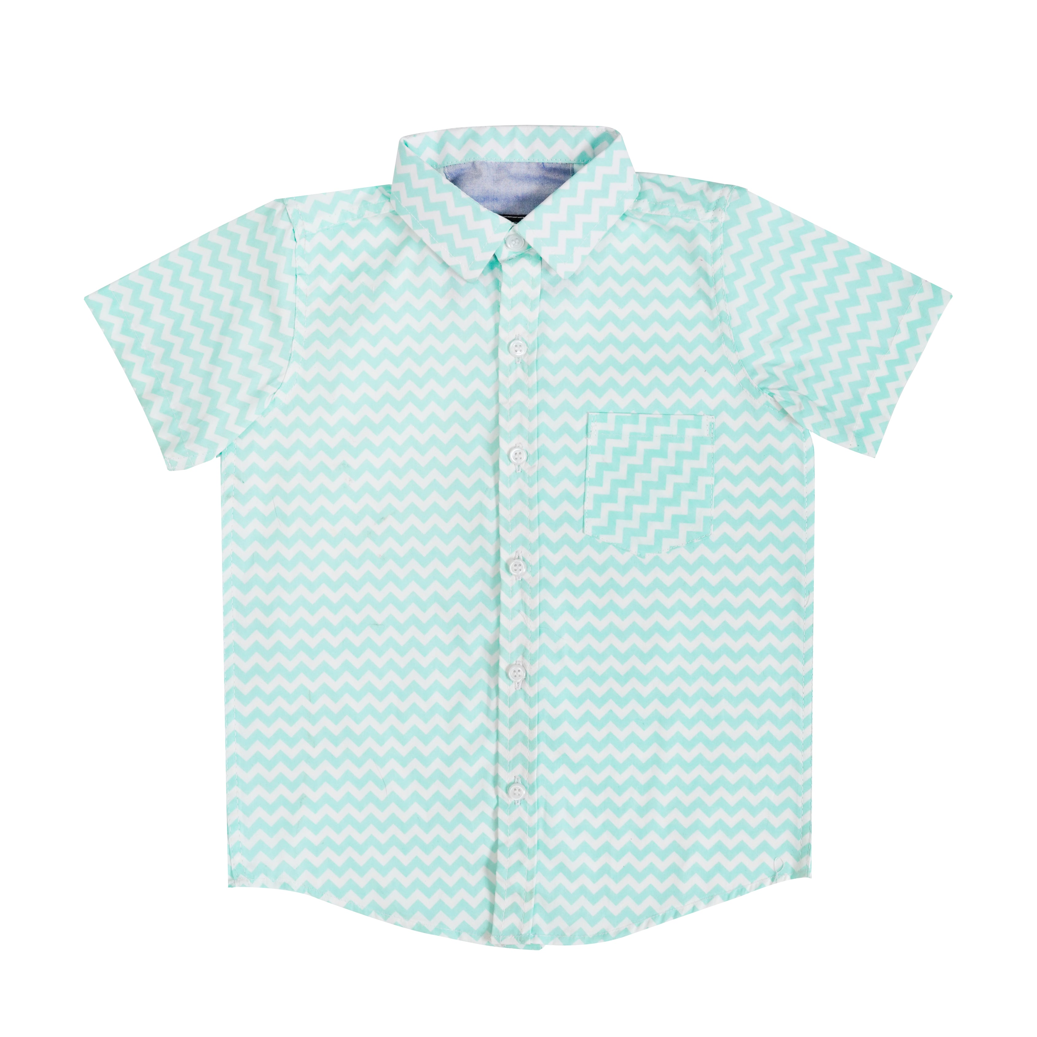 Boys' Printed Cotton Shirt – White & Ferozi, Short Sleeve, Button-Up, Comfortable & Stylish