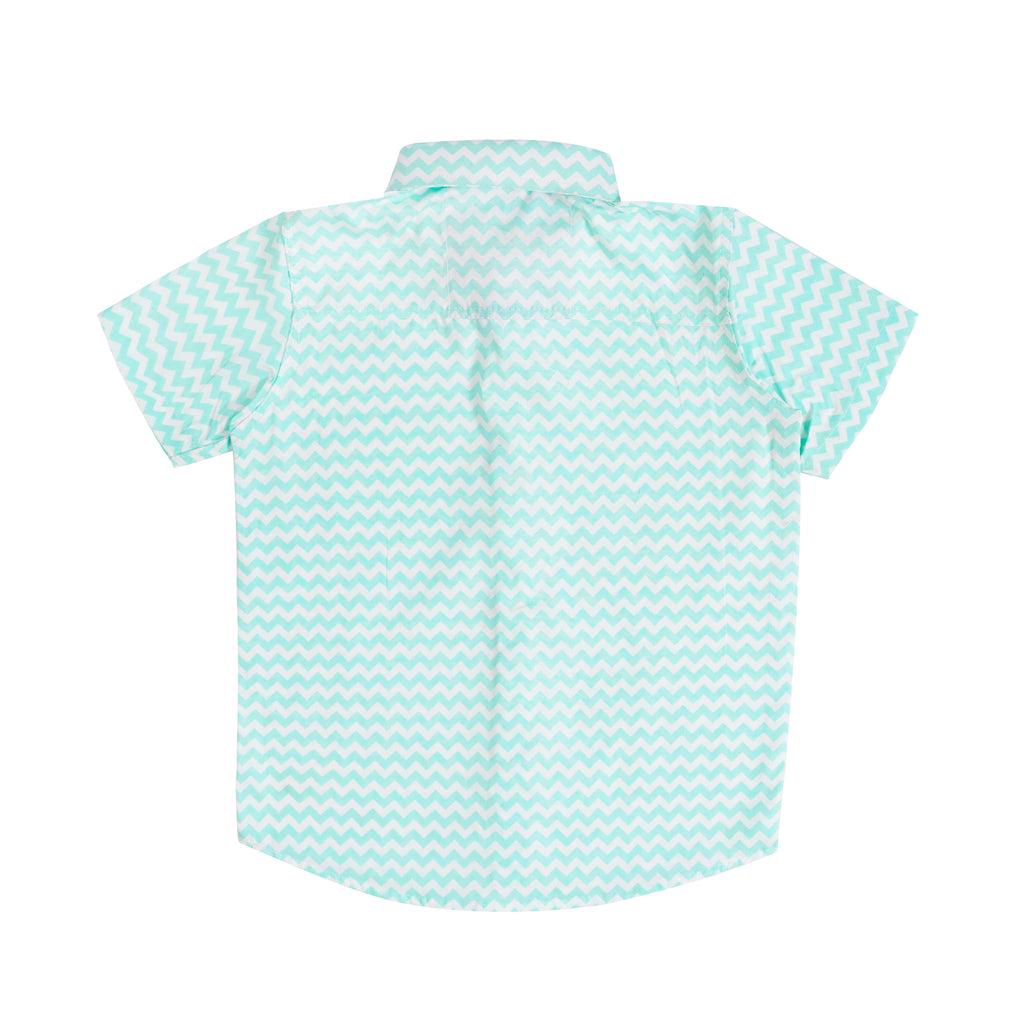 Boys' Printed Cotton Shirt – White & Ferozi, Short Sleeve, Button-Up, Comfortable & Stylish