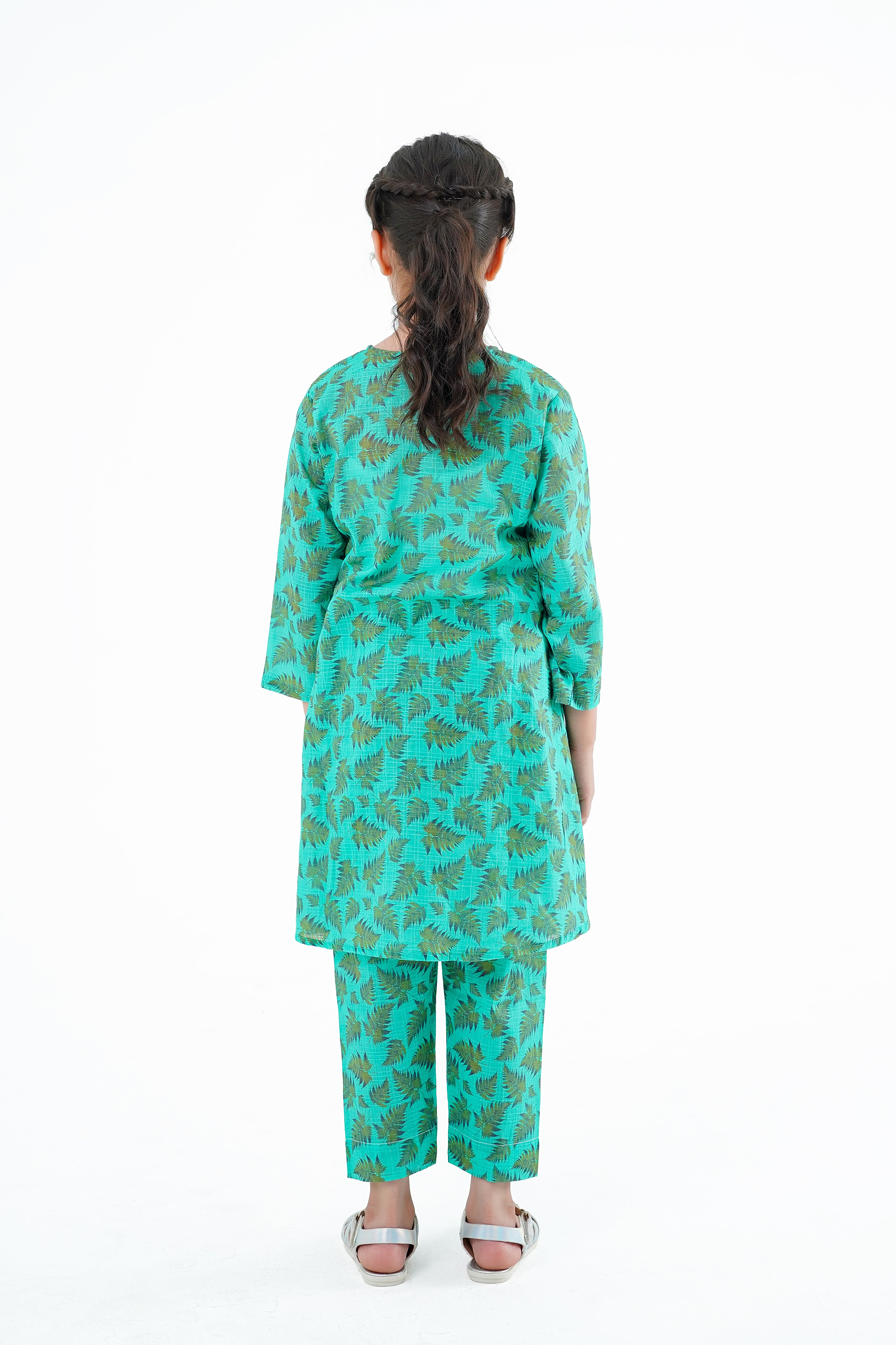 Girls' 'Irha' Dress – Green Printed Lawn Outfit for Eid, Weddings & Special Events