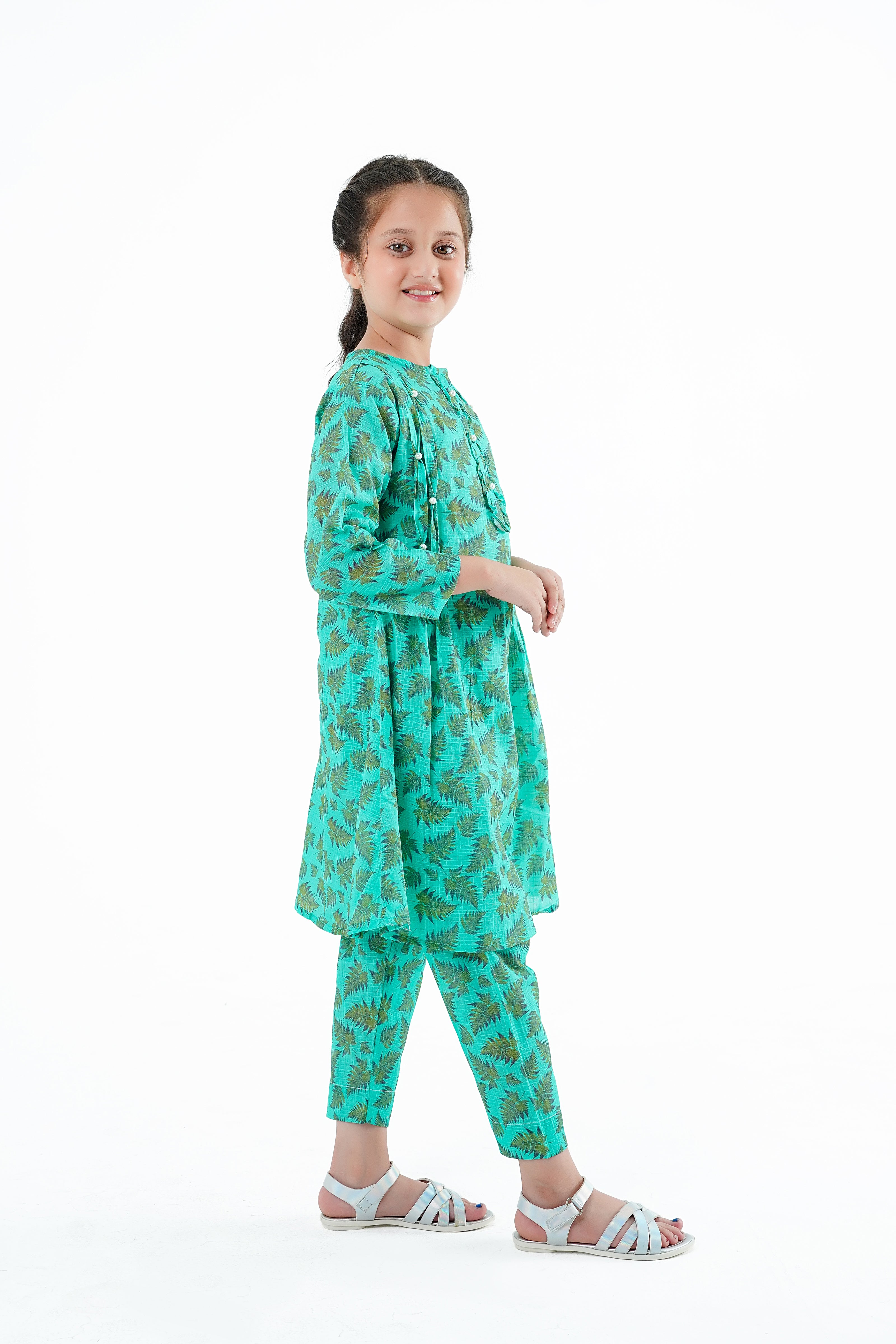 Girls' 'Irha' Dress – Green Printed Lawn Outfit for Eid, Weddings & Special Events