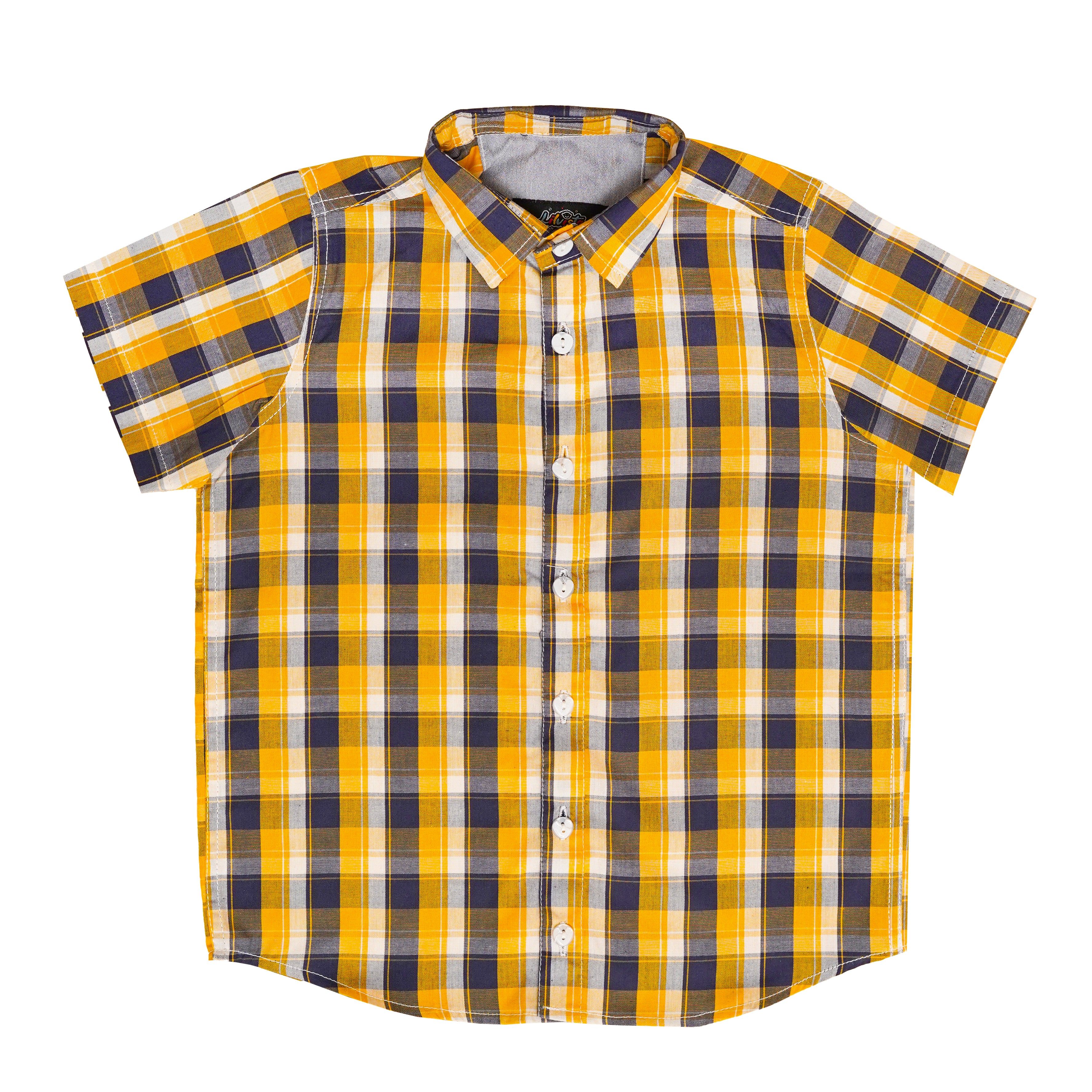 Boys' Yellow & Black Checkered Casual Shirt – 100% Cotton, Short Sleeve, Button-Up