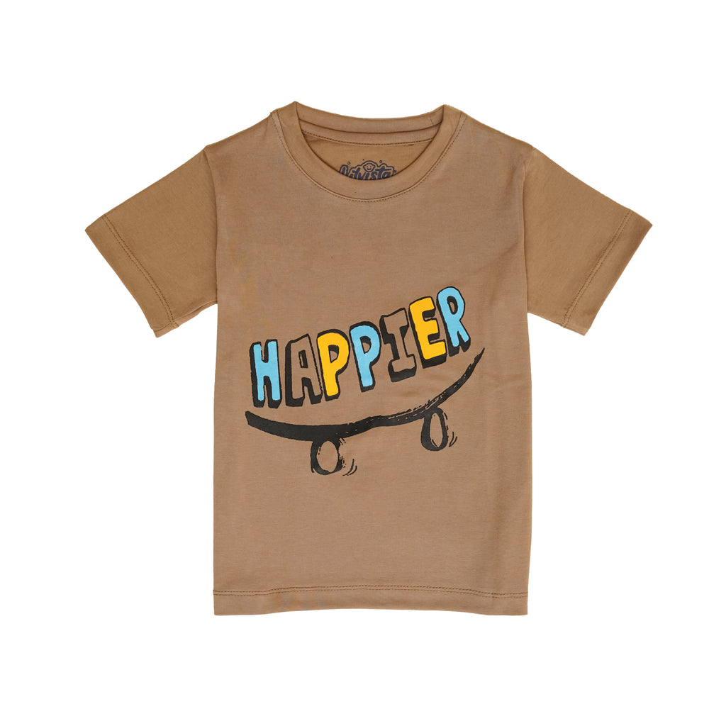 Boys' "Happier" Printed T-Shirt – Casual Brown Cotton Tee for Everyday Comfort