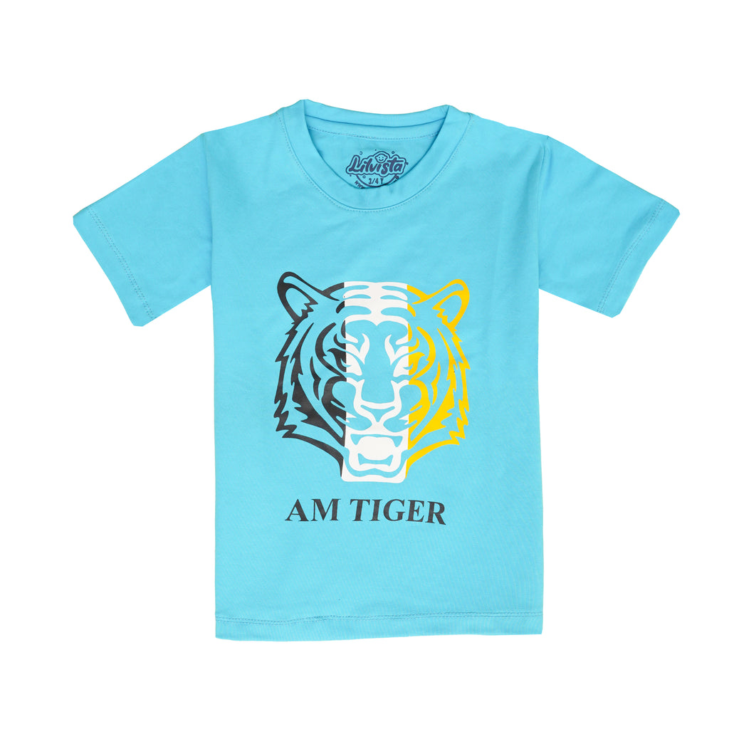 AM Tiger Printed T-Shirt – Light Blue Cotton Tee for Casual Fun