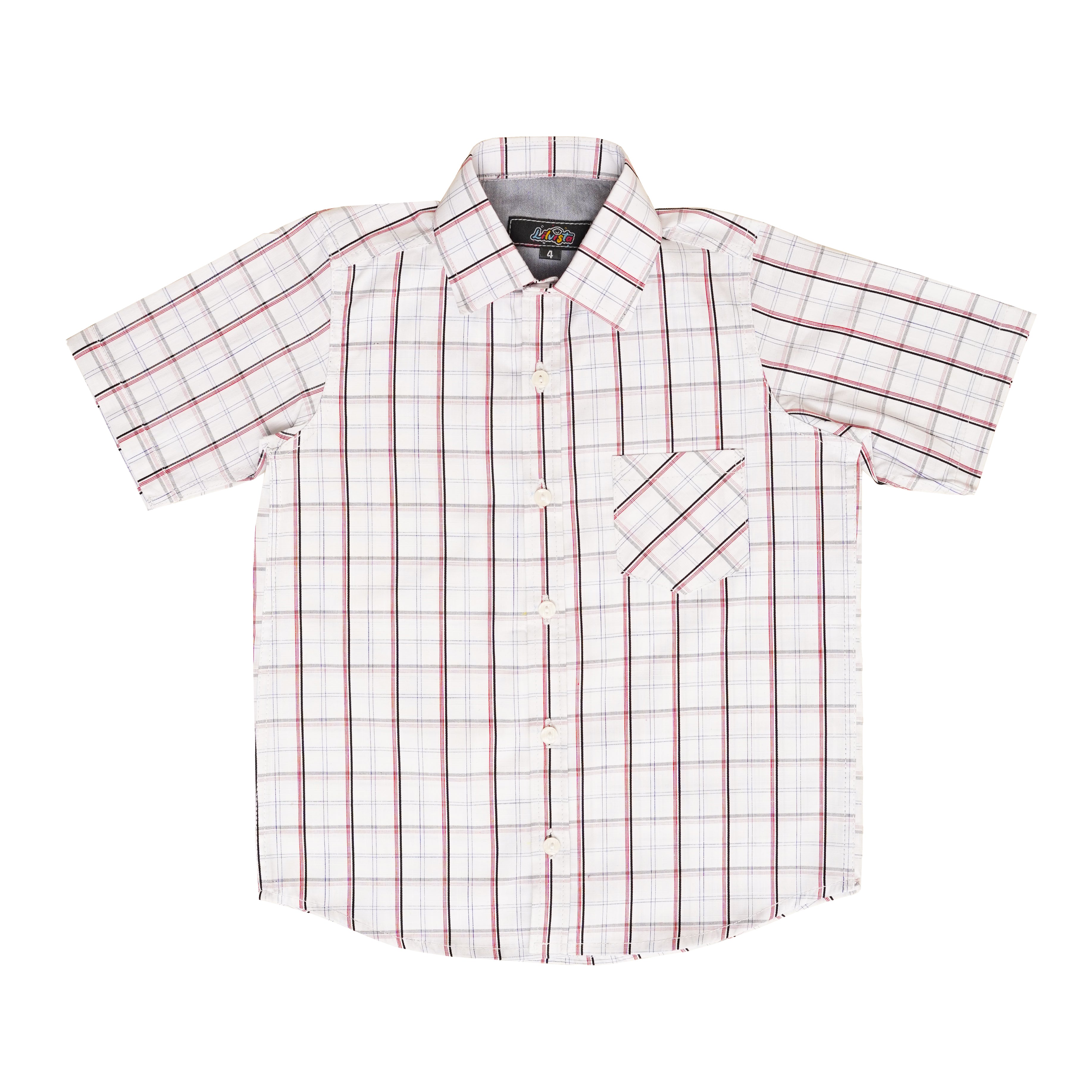 Boys' Checkered Casual Shirt – White, Red & Black Plaid, Short Sleeve, 100% Cotton